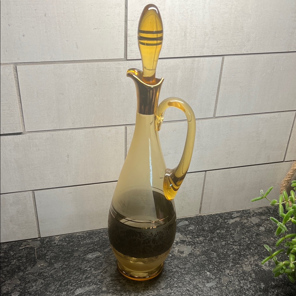 Vtg Stretch Art Glass MCM Amber Liquor Wine Decanter Gold Gilt Trim Bohemian 16"